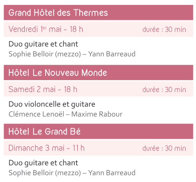 Concerts Grand Hôtel des Thermes, hôtel le Nouveau Monde, hôtel Le Grand Bé